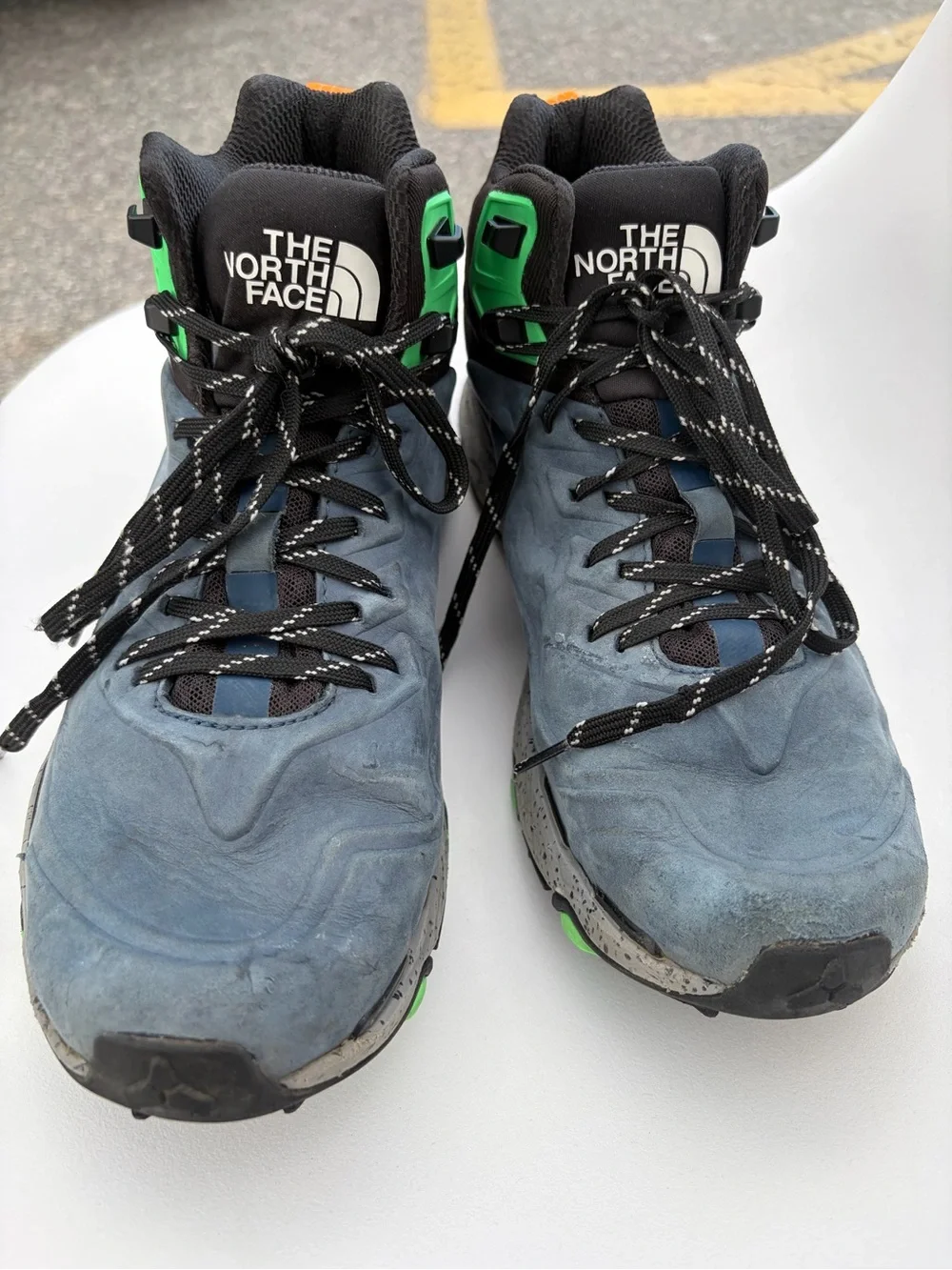 The North Face Men's Gray-Blue VECTIV Hiking Boots with Green and Orange Accents